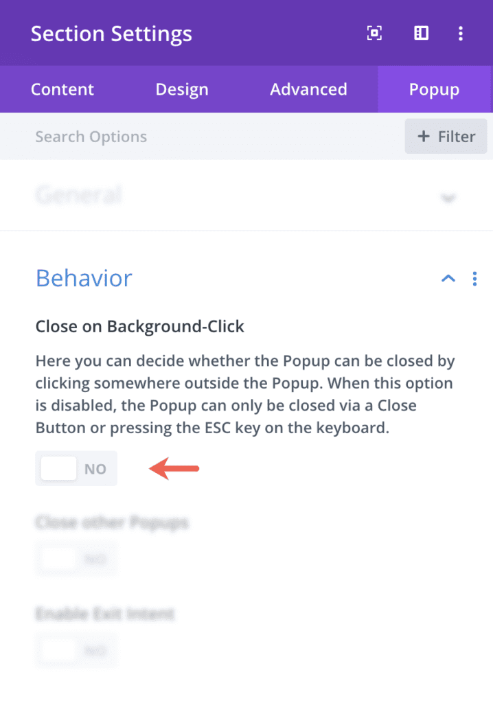 Popups for Divi settings panel with the strict-modal setting