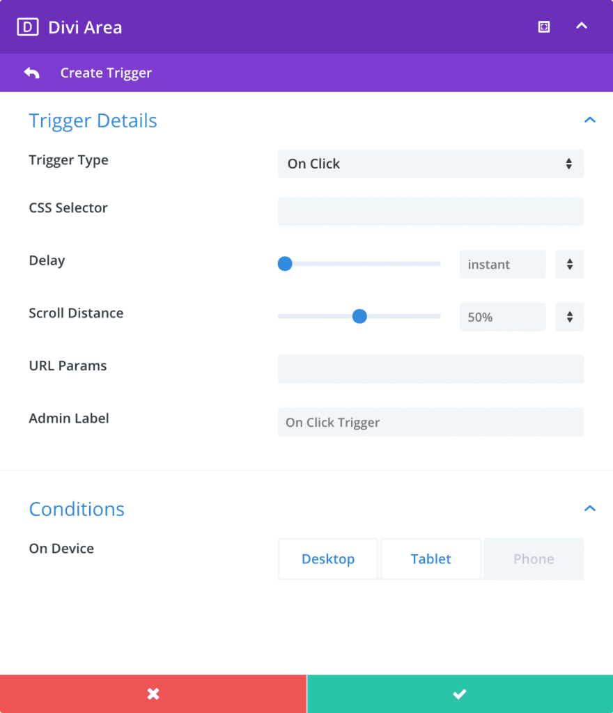 Trigger editor dialog displaying all options - your dialog will only display relevant fields, depending on the "Trigger Type"