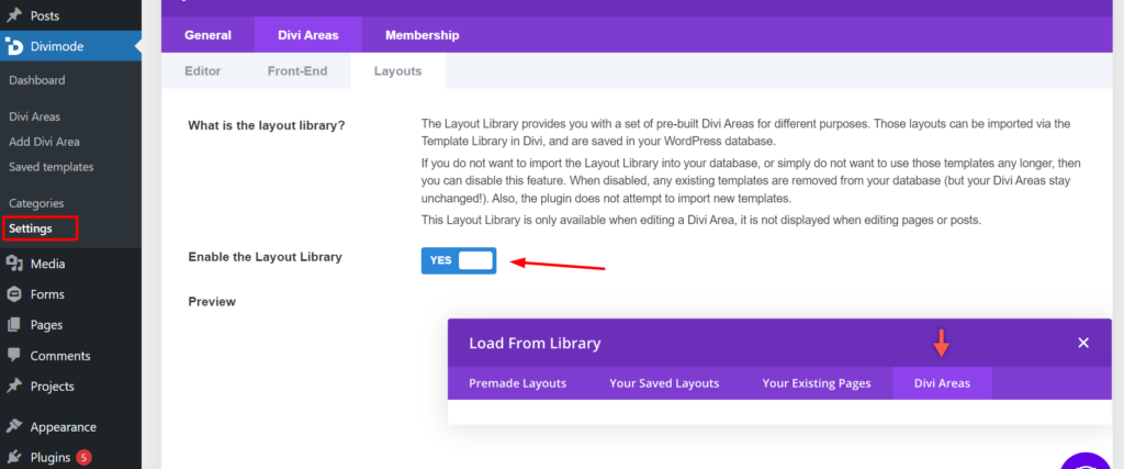 Enabling Divi Areas Pro Library